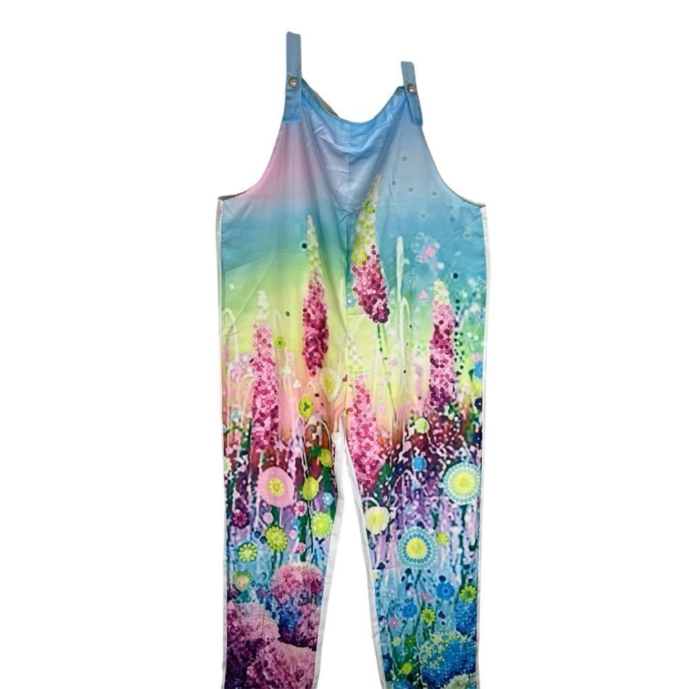Fashion Jumpsuit Overalls Floral Pastel Lightweight Fun Artsy Faux Pearl Button - Picture 1 of 11